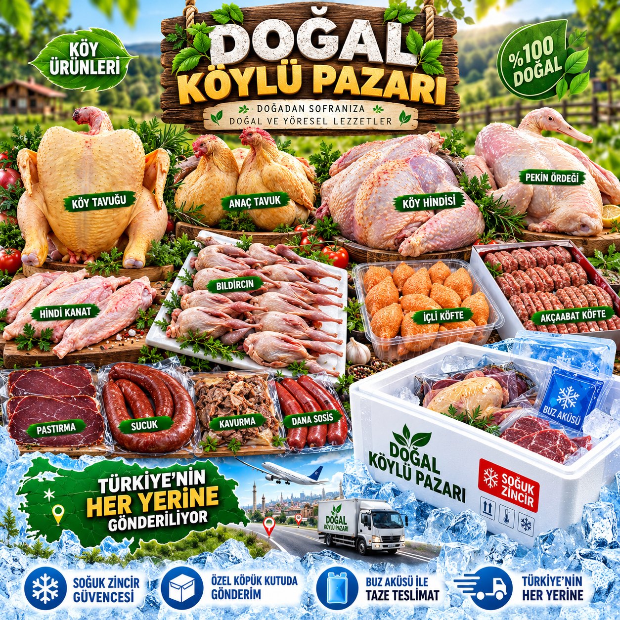 Doğal Köylü Pazarı ürünleri: köy tavuğu, anaç tavuk, köy hindisi, pekin ördeği, bıldırcın, sucuk, pastırma, kavurma